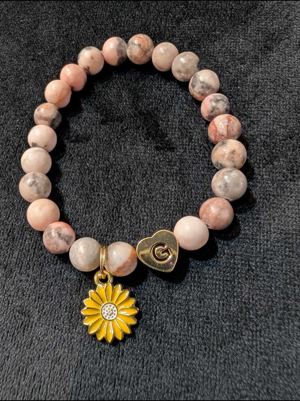 Gold-Accent Pink Stone Bead Bracelet with Sunflower Charm